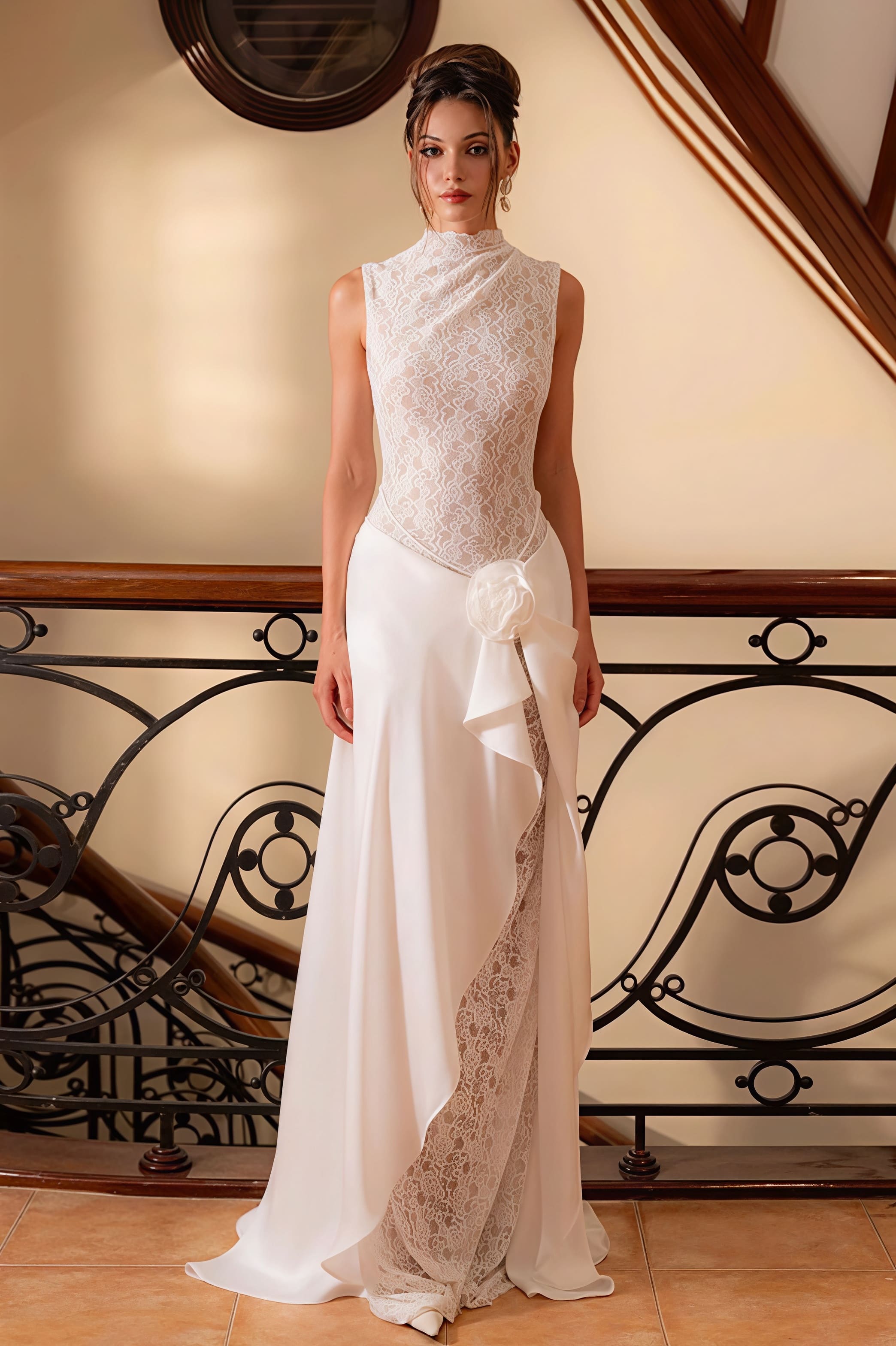 Sleeveless High Neck Flower Lace Patchwork Reception Dress image 1