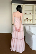 Pink Satin Tie Strapless Spaghetti Strap Maxi Dress image 4