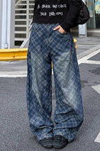 Retro Plaid Print Curved Jeans image 4