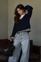 Striped Contrast V Neck Loose Long Sleeve Sweater image 2