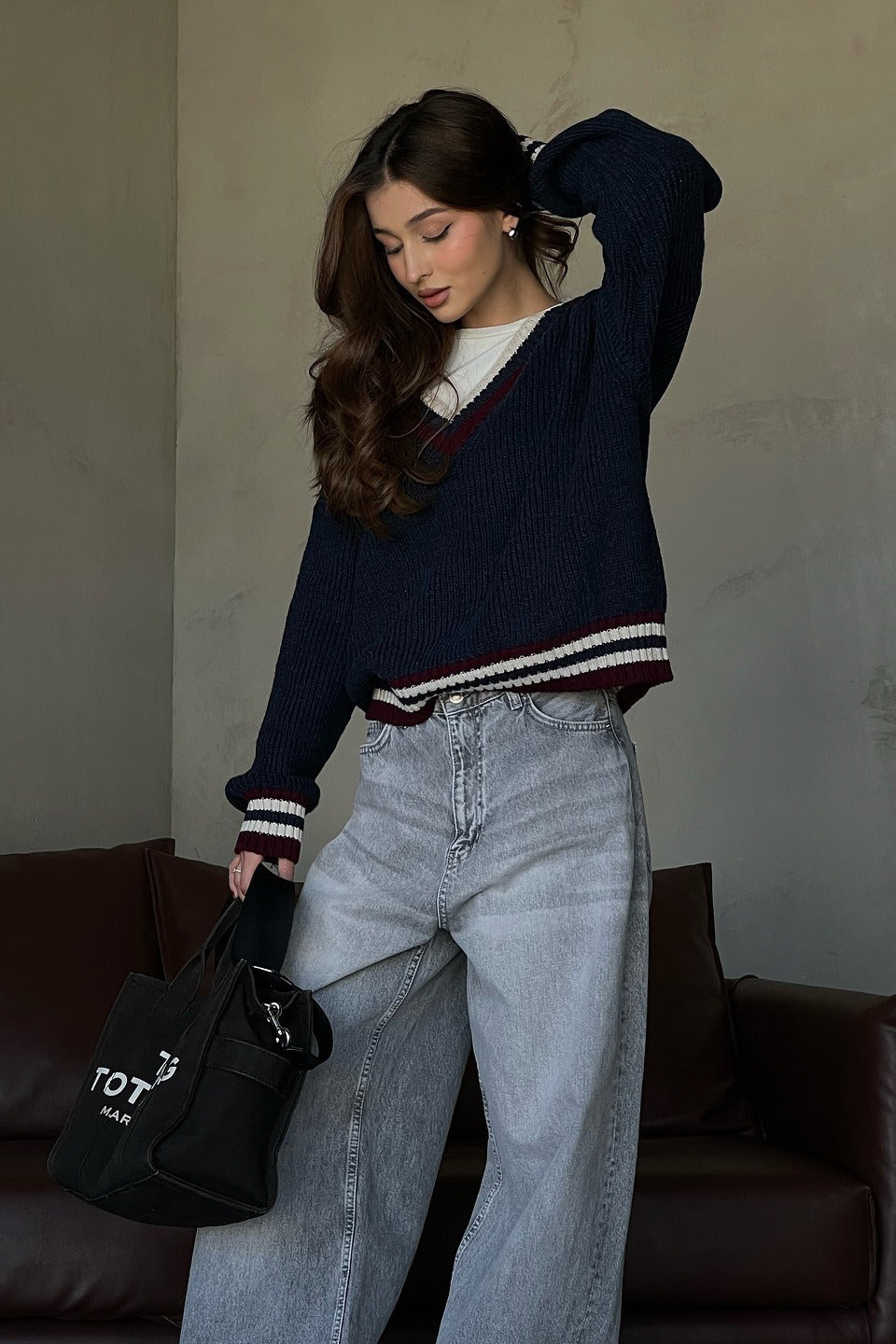 Striped Contrast V Neck Loose Long Sleeve Sweater image 2
