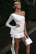 One Shoulder Lace Ruffle Tie Mini Dress image 1