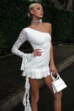 One Shoulder Lace Ruffle Tie Mini Dress image 1