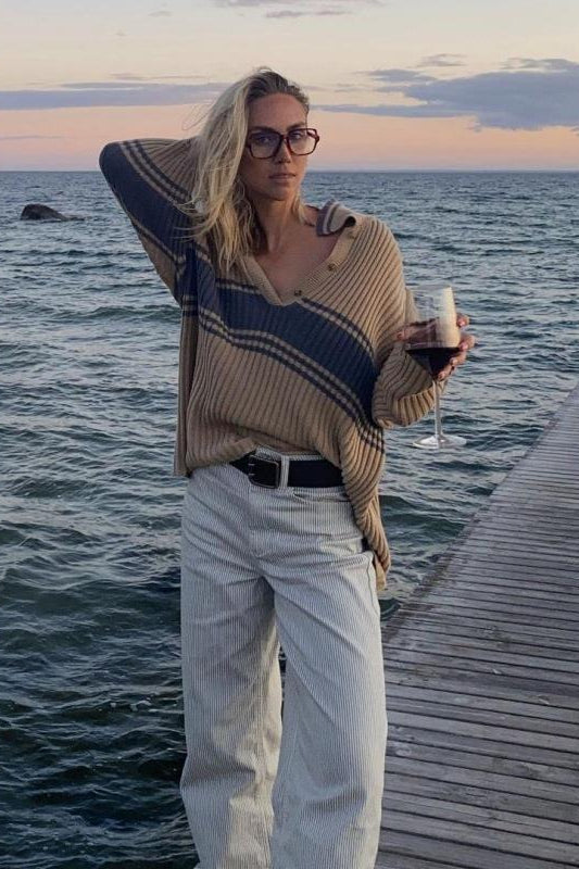 Striped Colorblock Long Sleeve Knit Sweater image 2