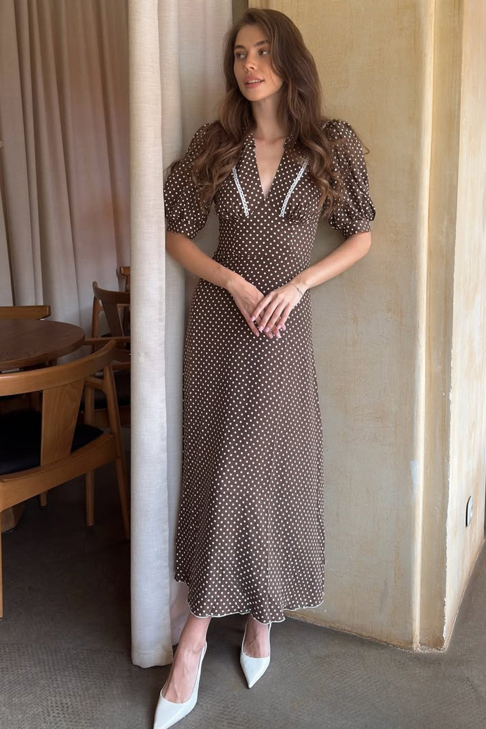 Polka Dot V-Neck Puff Sleeve Bodycon Maxi Dress image 5