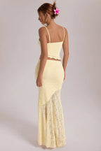 Light Yellow Lace Cami Ruffle Crop Top High Waist Skirt Sets image 2