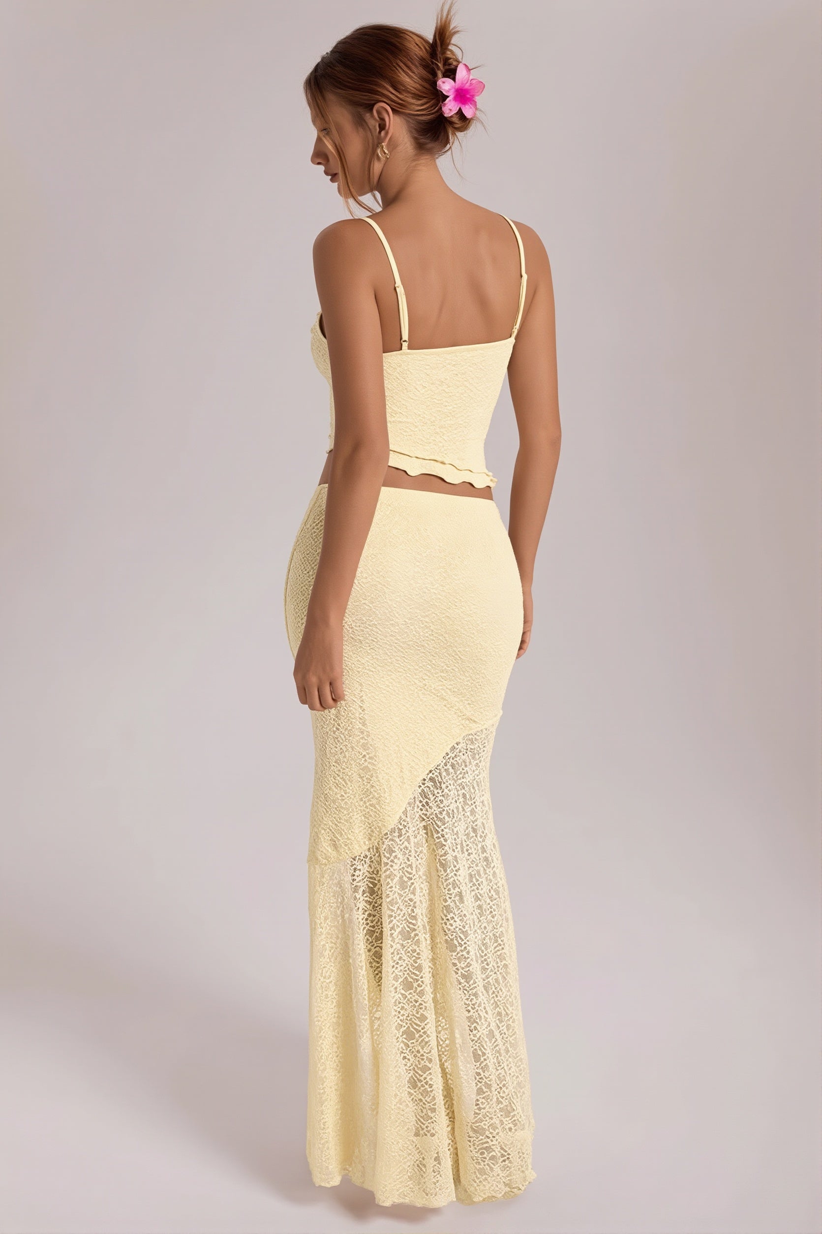 Light Yellow Lace Cami Ruffle Crop Top High Waist Skirt Sets image 2