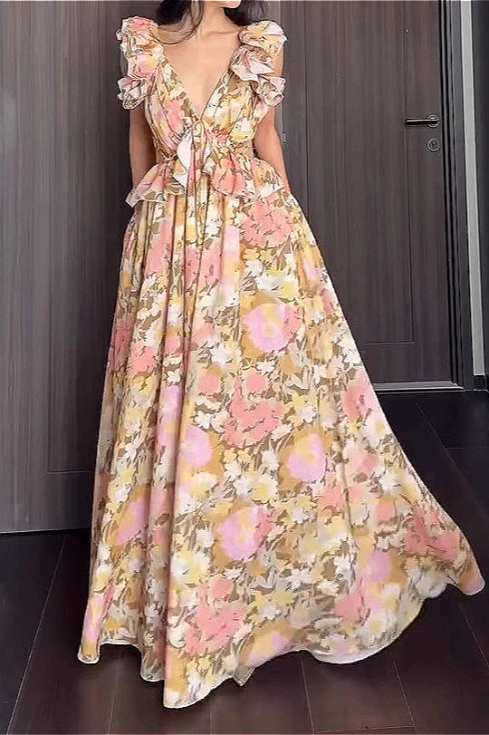Ruffled V Neck Sleeveless Slim  Fit Floral Dress image 1