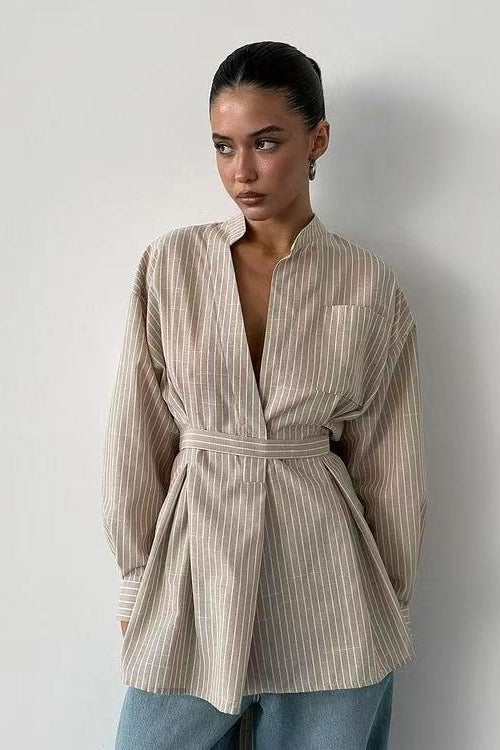 Striped V Neck Irregular Tie Waist Long Sleeve Blouse image 1