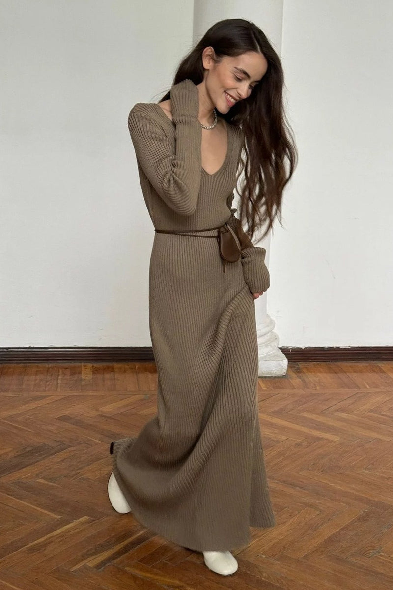 V-Neck Long Sleeve Knit Sweater Dress image 2