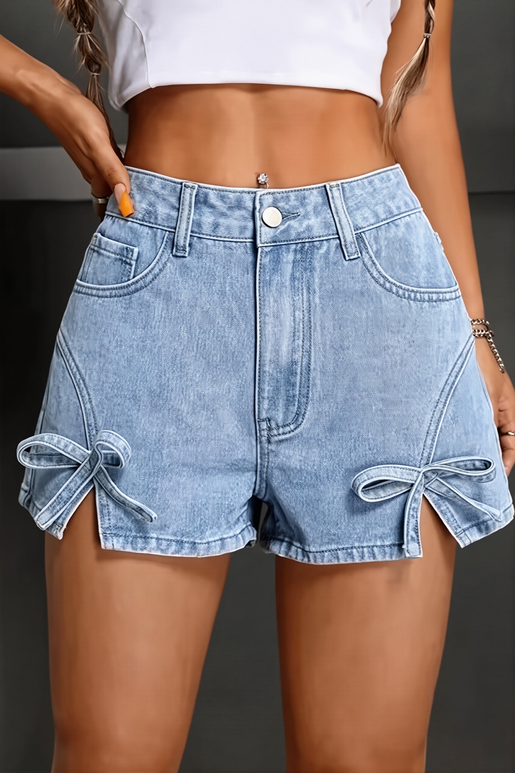 Vintage Bow High Waist Slit Denim Shorts image 1