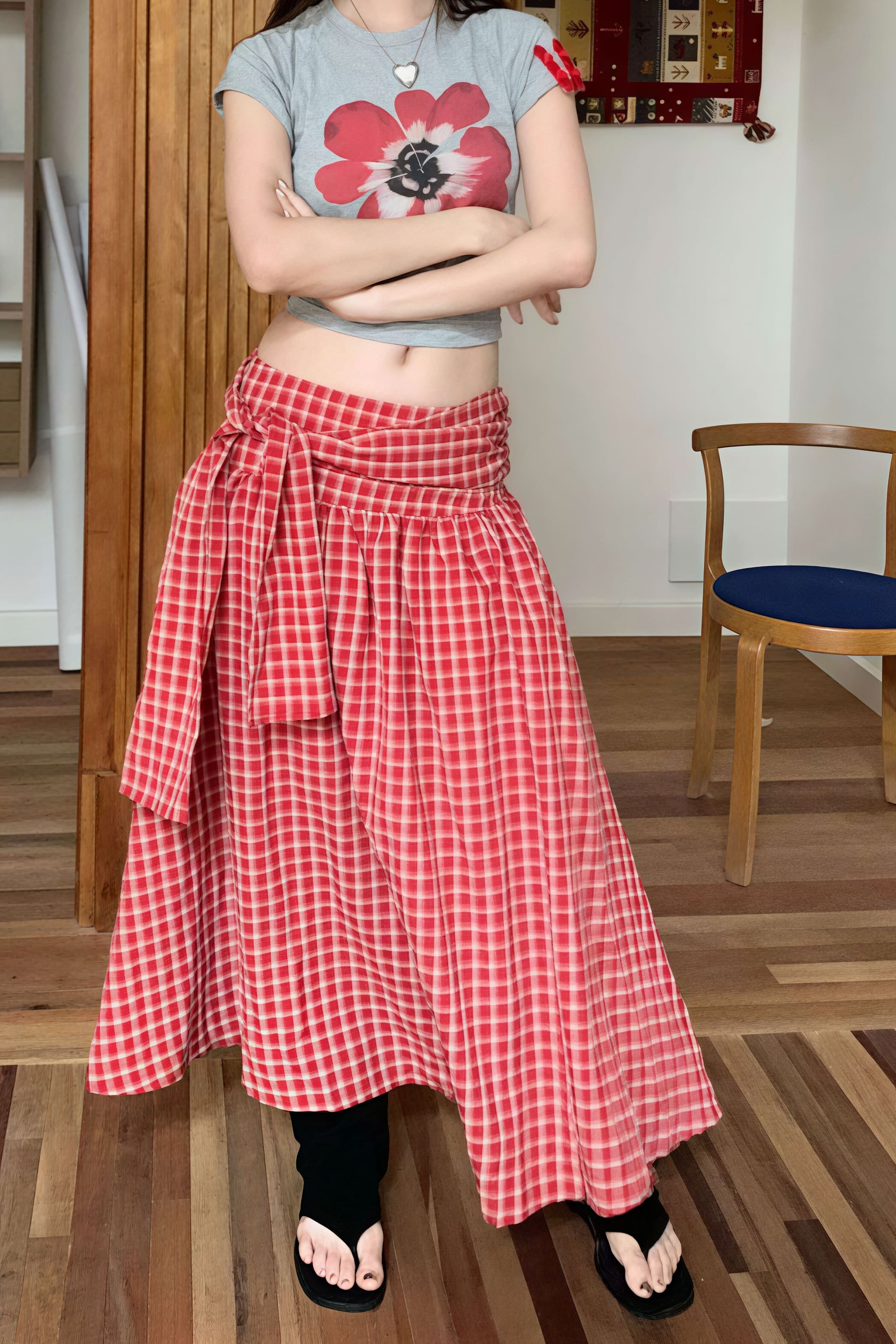 Color Block Plaid Tie Side Zip Loose Skirt image 1
