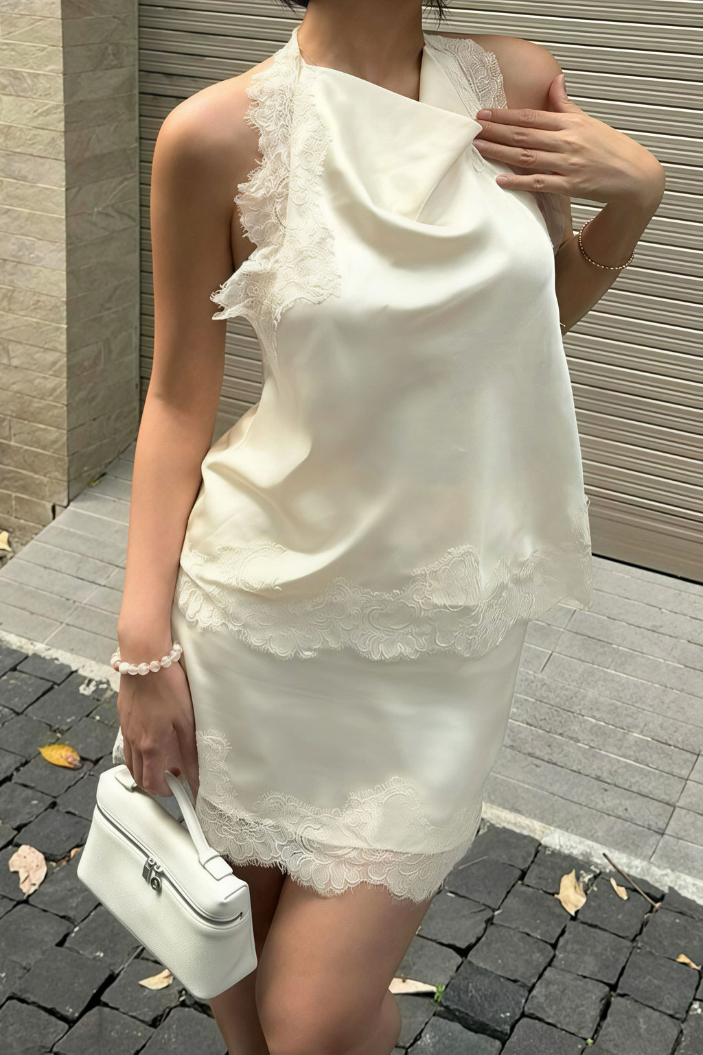 Lace Sleeveless Draped Collar Halter Mini Dress image 2