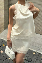 Lace Sleeveless Draped Collar Halter Mini Dress image 2