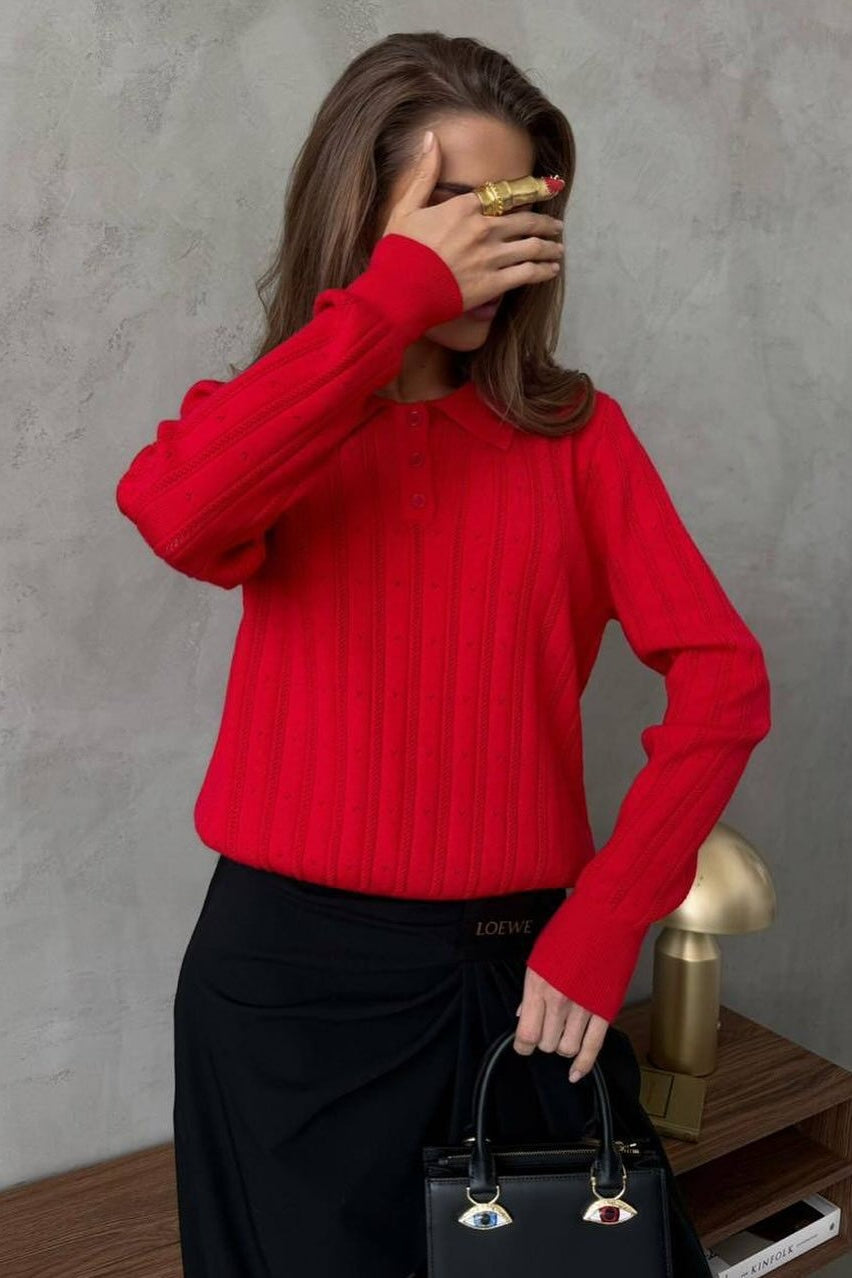 Jacquard Polo Collar Long Sleeve Loose Blouse image 17