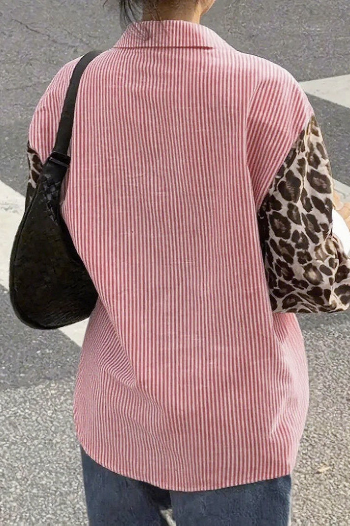 Stripe Leopard Patchwork Long Sleeve Casual Blouse image 3