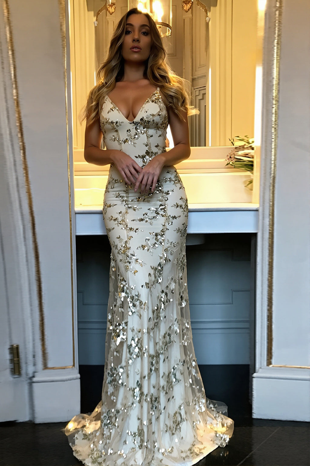 Slim Backless Floral Sequin Maxi Dress image 6