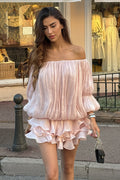 Off Shoulder Ruffle Shiny Fabric Mini Dress image 1