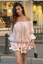 Off Shoulder Ruffle Shiny Fabric Mini Dress image 1