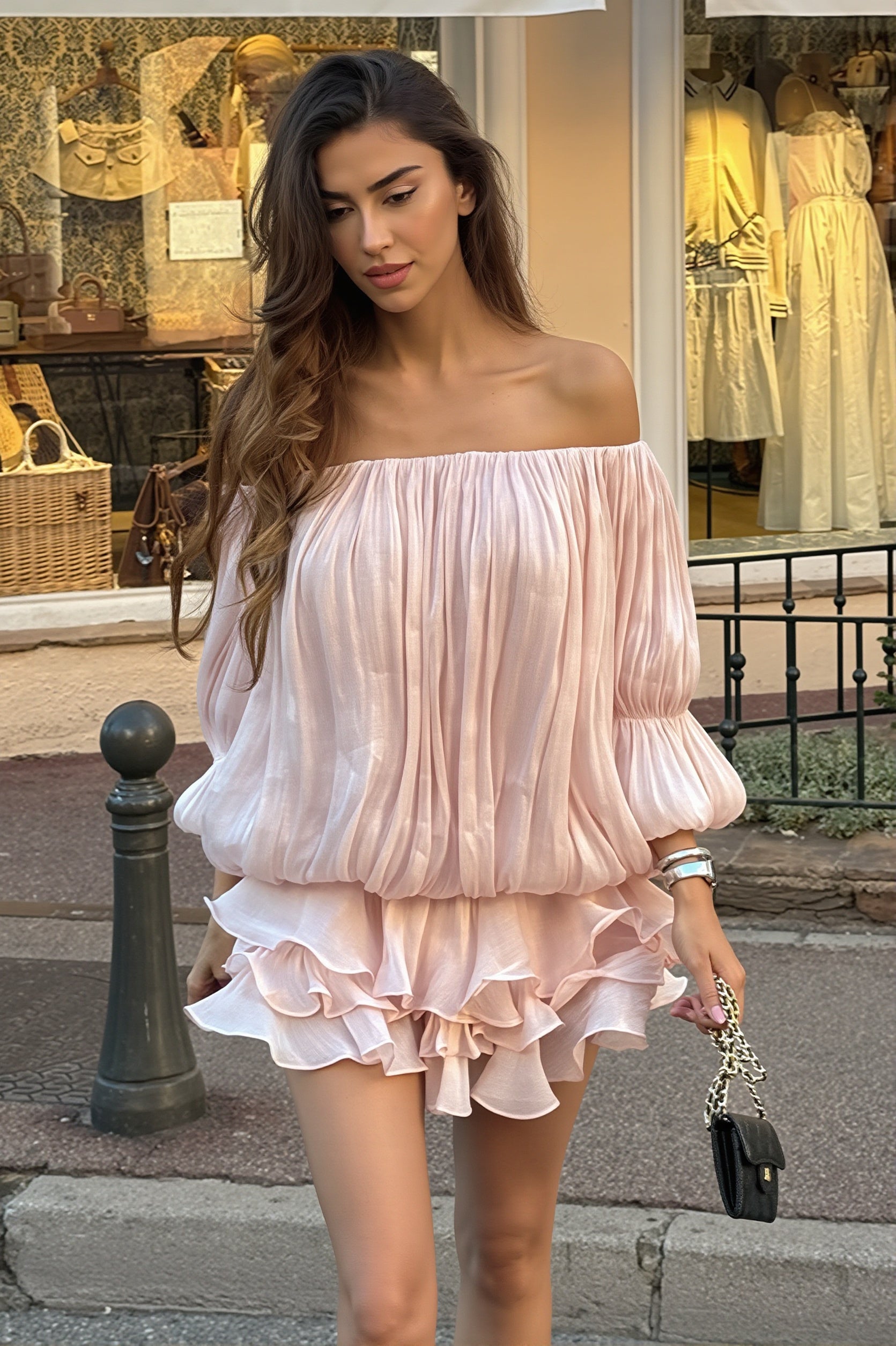 Off Shoulder Ruffle Shiny Fabric Mini Dress image 1