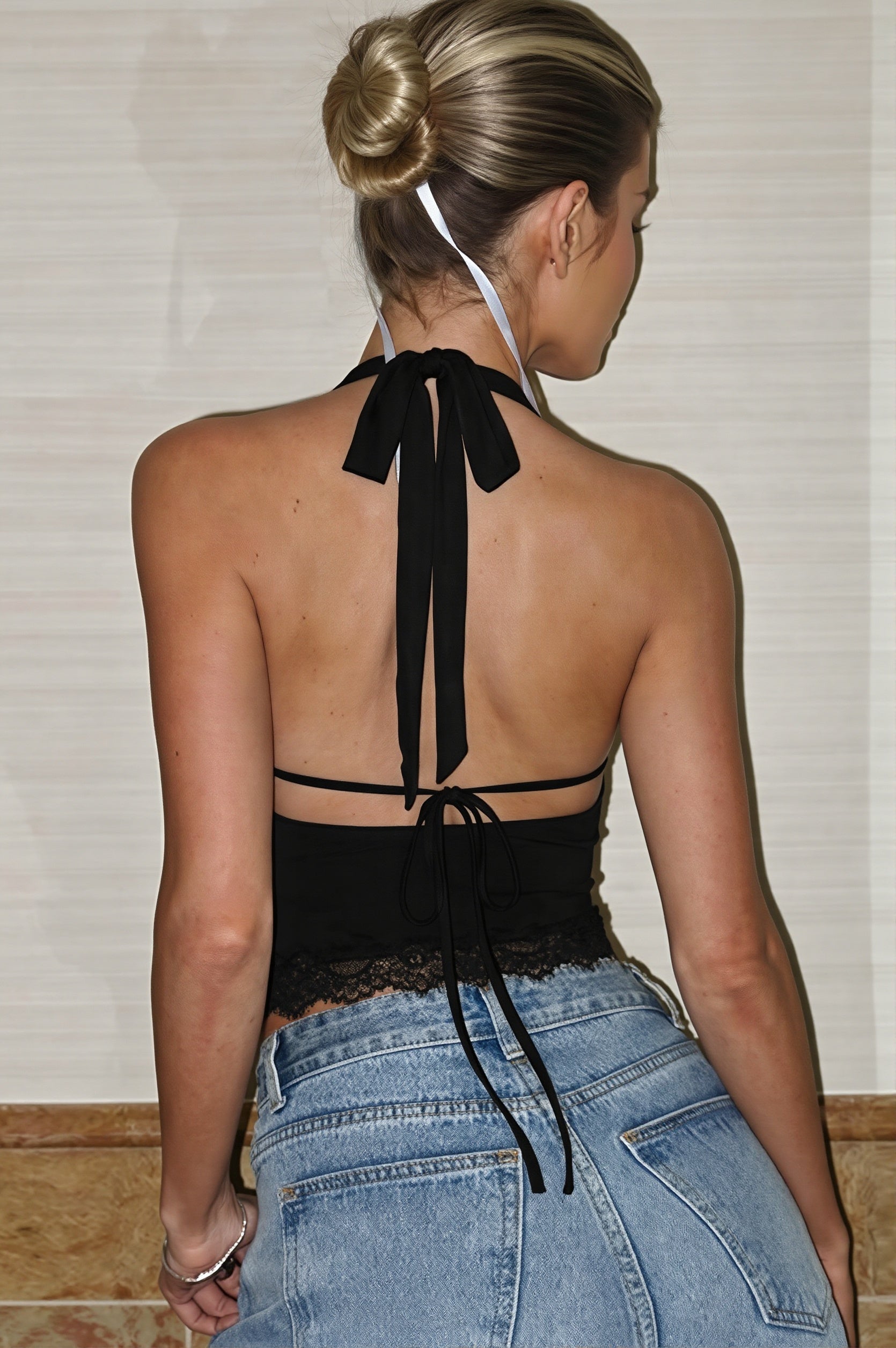 Lace Spliced Cowl Neck Tie Halter Top image 8
