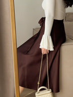 Iris Satin Skirt detail view styled for Avrienne