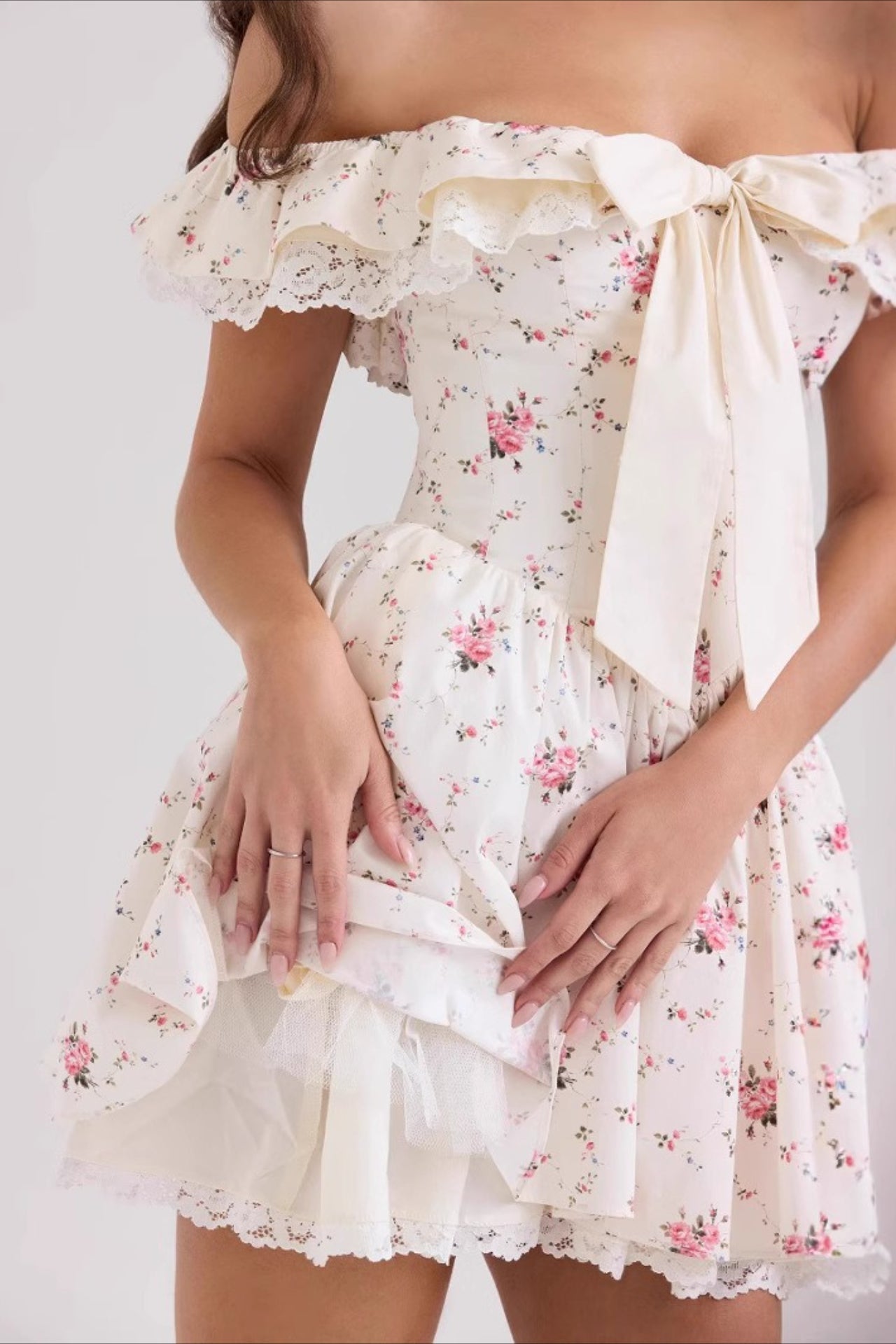 Sweet Floral Bow Off Shoulder Mini Dress image 4