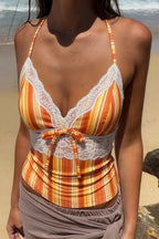Lace Spliced Orange Striped Halter Top image 1