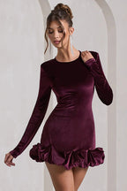 Luxe Velvet Crew Neck Pleated Long Sleeve Mini Dress image 3