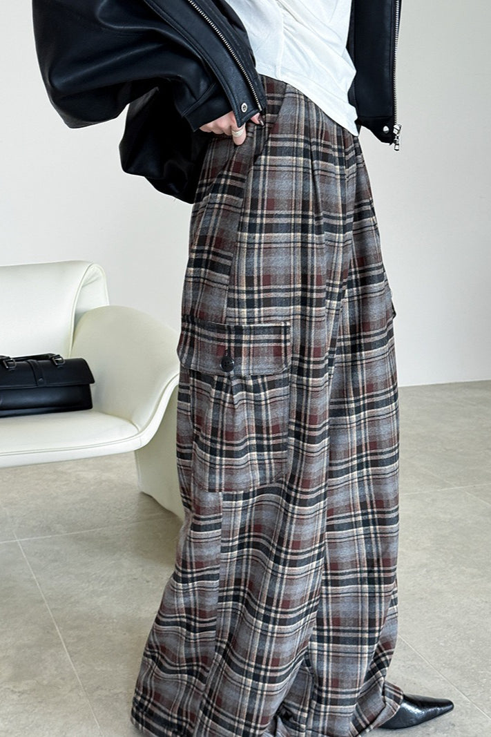 Retro Colorblock Plaid Casual Straight Pants image 3