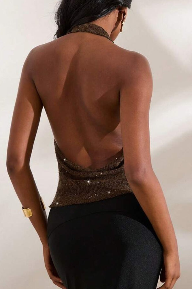 Glitter Solid Sheer Draped Halter Top image 4