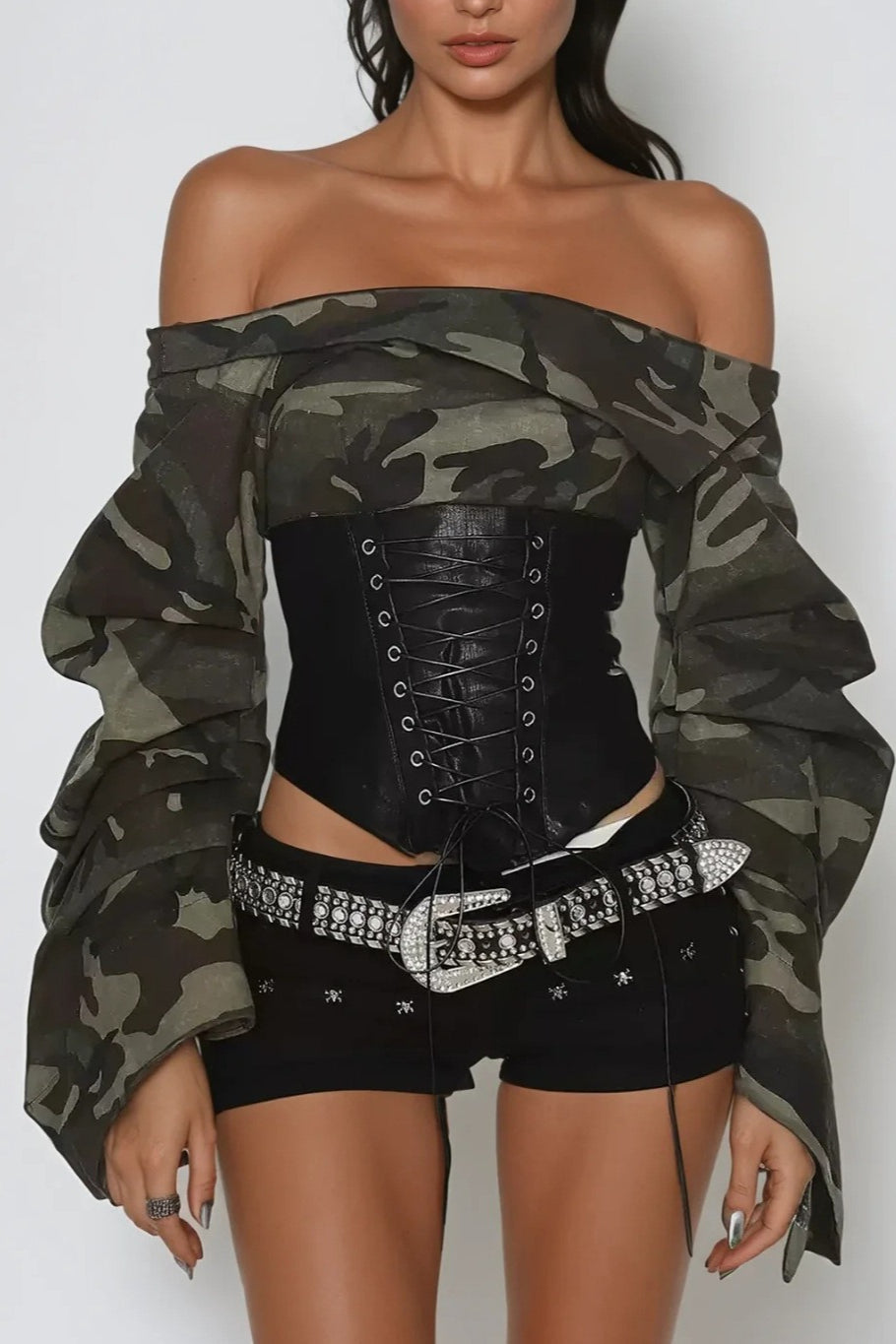 Off Shoulder Camo Print Tie Up  Blouse image 2
