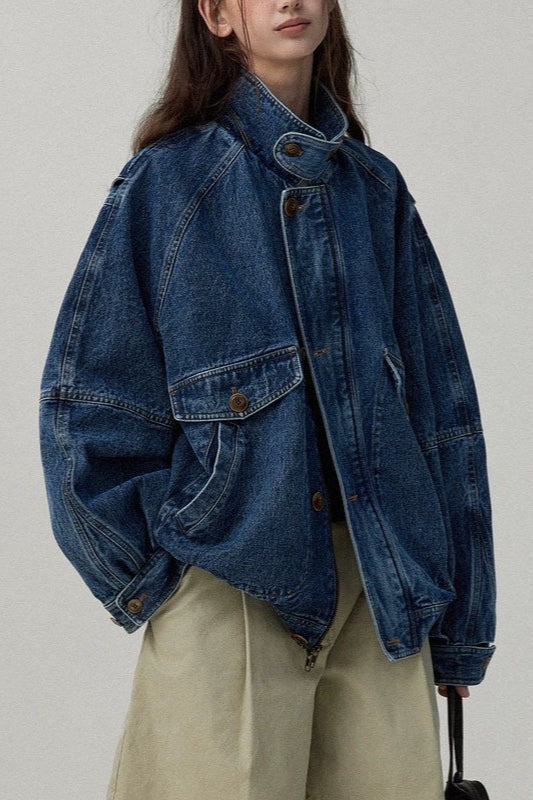 Stand Collar Washed Denim Utility Jacket image 1
