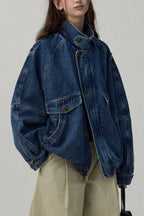 Stand Collar Washed Denim Utility Jacket image 1