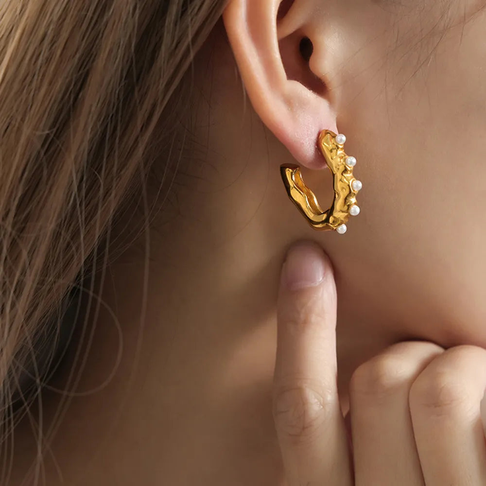 Vera Pearl Earrings detail view styled for Avrienne