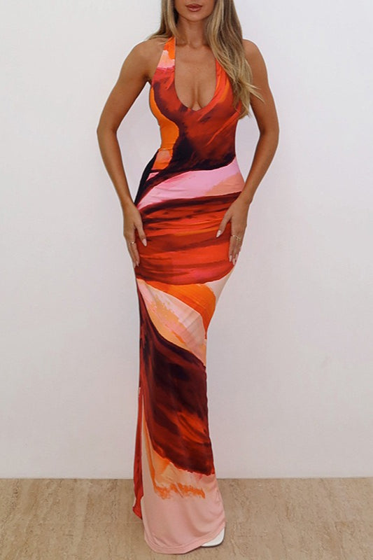 Sexy Floral Print Halter Tie Bodycon Split Maxi Dress image 3