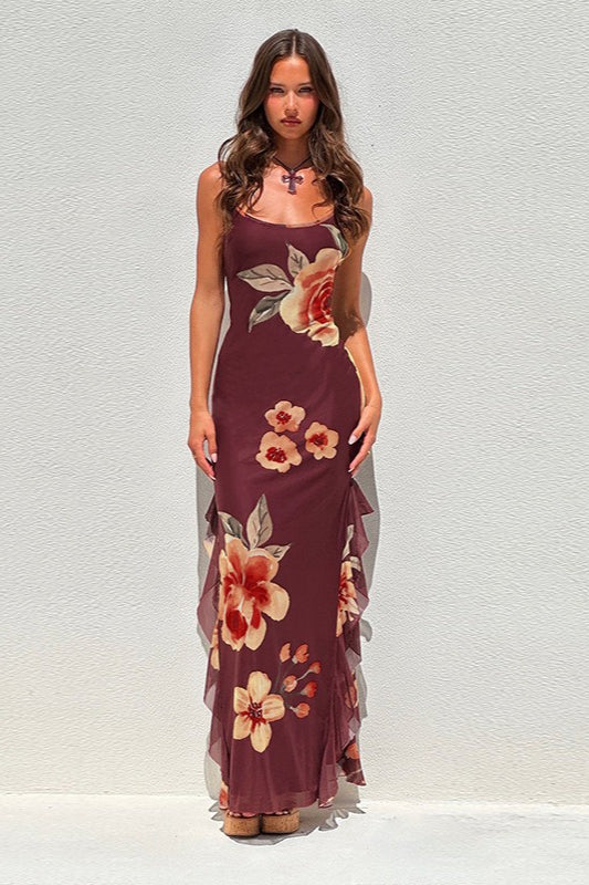 Sexy Floral Mesh Split Backless Maxi Dress image 1