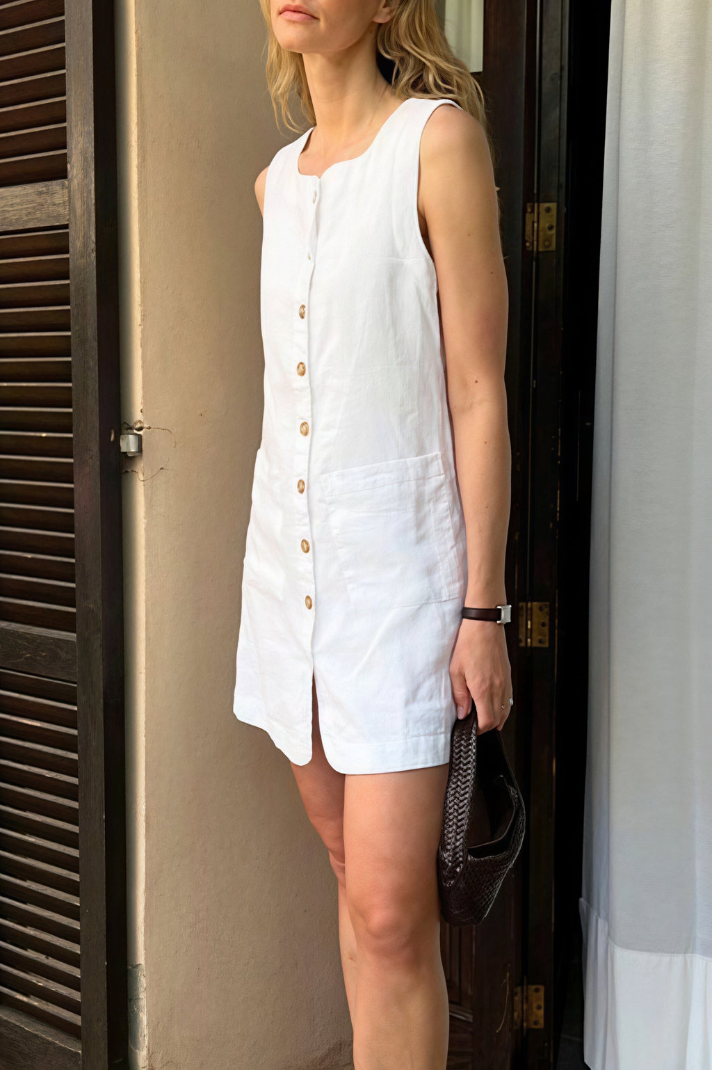 Linen Square Neck Button Mini Dress image 2