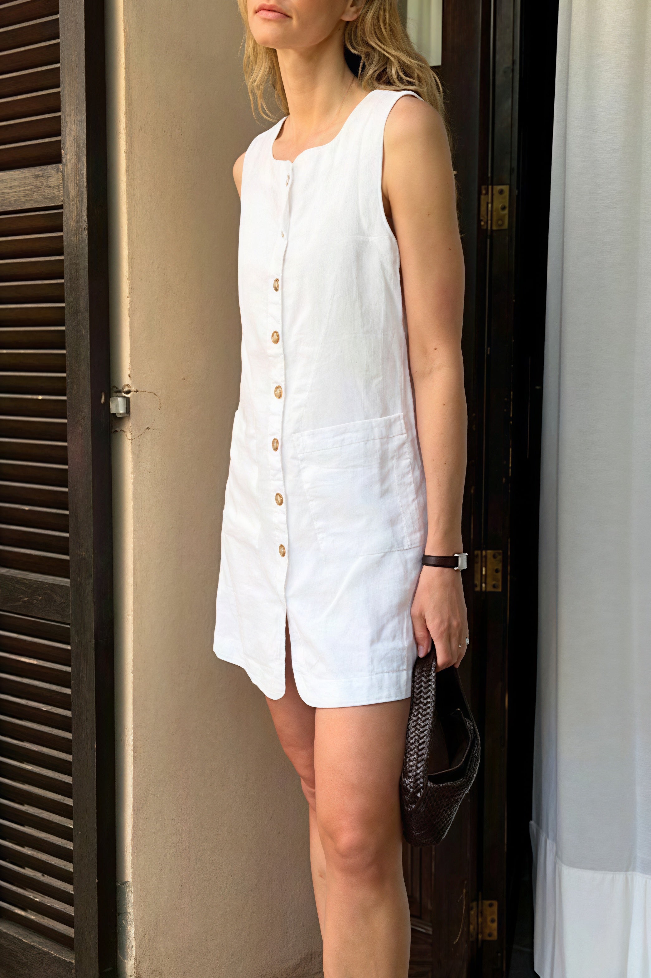 Linen Square Neck Button Mini Dress image 2