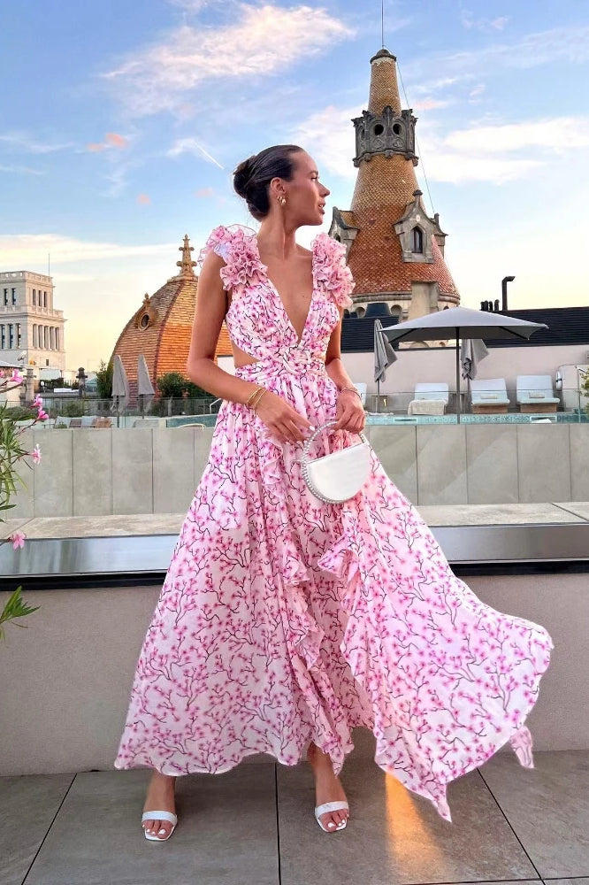 Ruffle Trim Deep V Floral Dress image 4