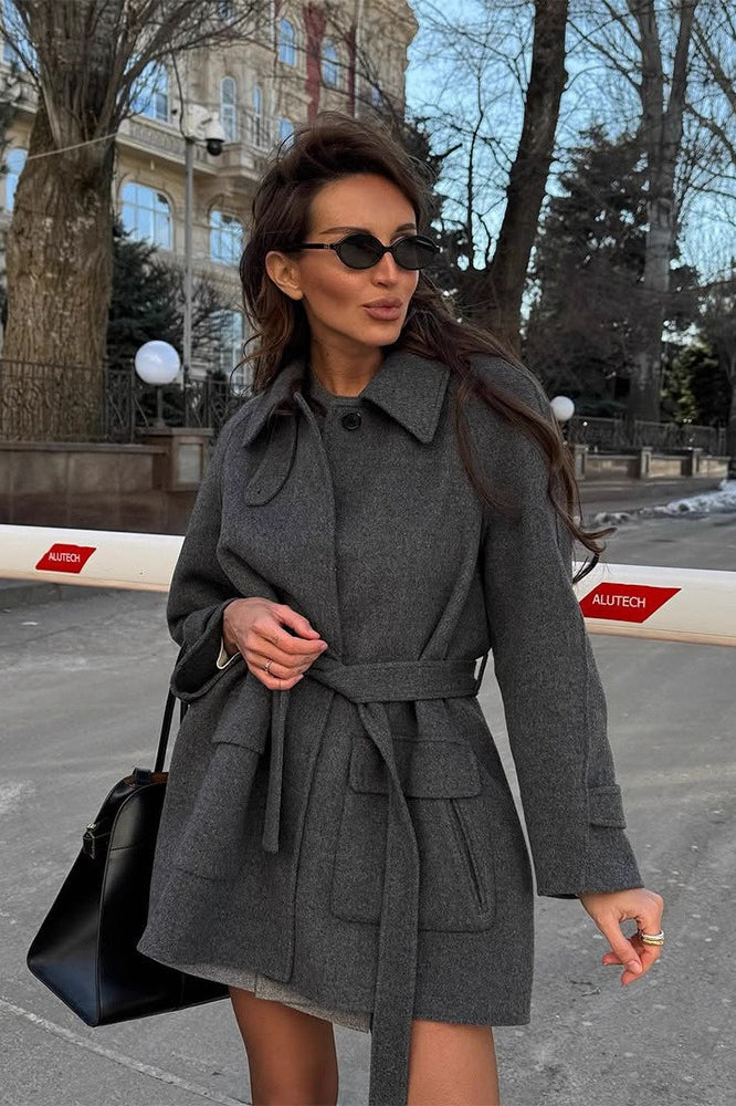 Solid Color Lapel Belted Wool Coat image 1