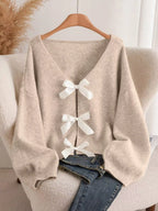Dahlia Bow Knit Cardigan detail view styled for Avrienne