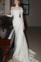 Off Shoulder Lace Satin Train Wedding Dress image 1