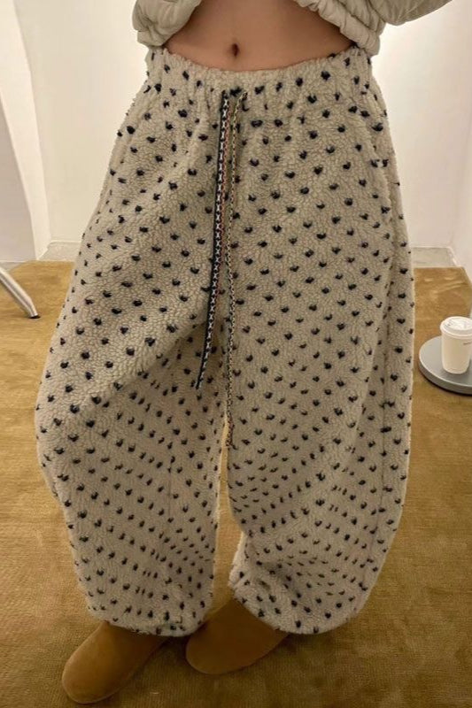 Warm Thickened Polka Dot Fleece Drawcord Pants image 3