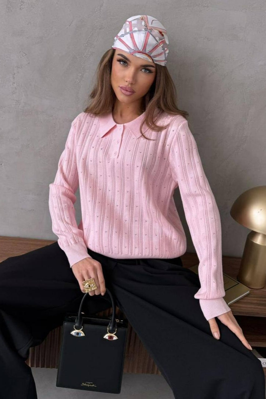 Jacquard Polo Collar Long Sleeve Loose Blouse image 2