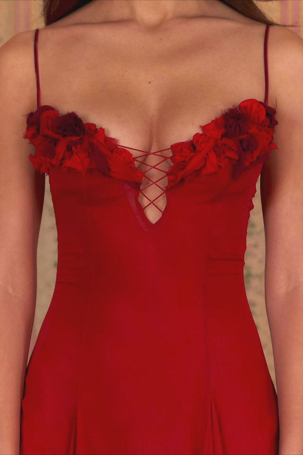 3D Flower Deep V Patchwork Spaghetti Strap Romantic Midi Dress image 11