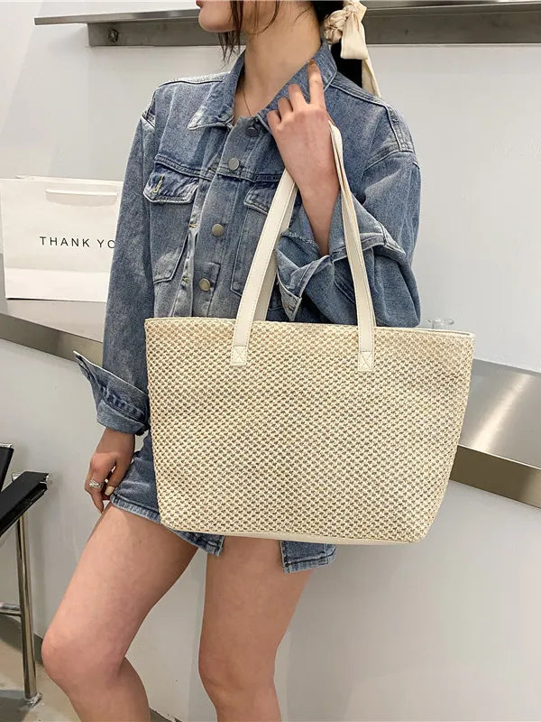 Yara Woven Tote detail view styled for Avrienne