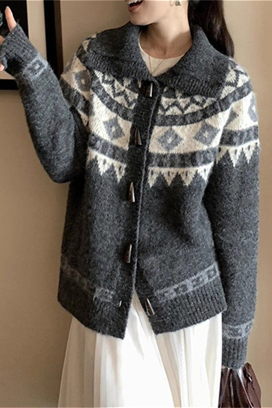 Jacquard Collar Horn Button Retro Loose Knit Cardigan image 2
