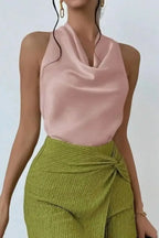 Cassia Satin Blouse detail view styled for Avrienne
