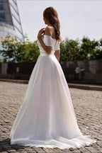 Simple Satin Cross Off Shoulder Train Wedding Dress image 2